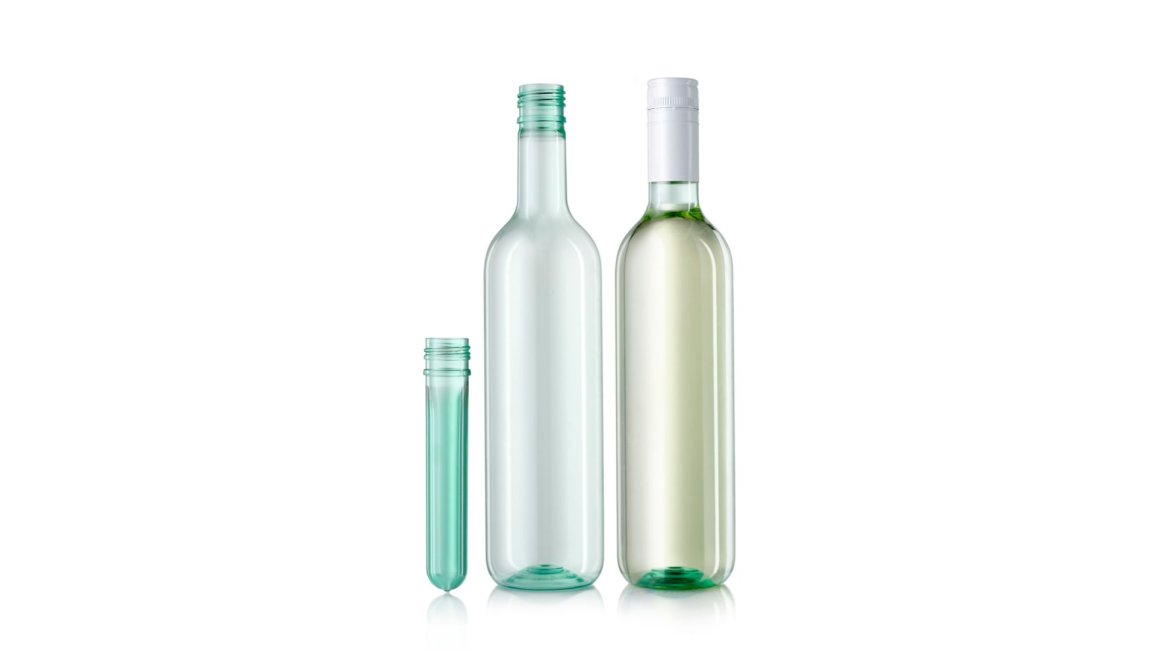 PET Wine bottle filled and unfilled from ALPLA with the preform