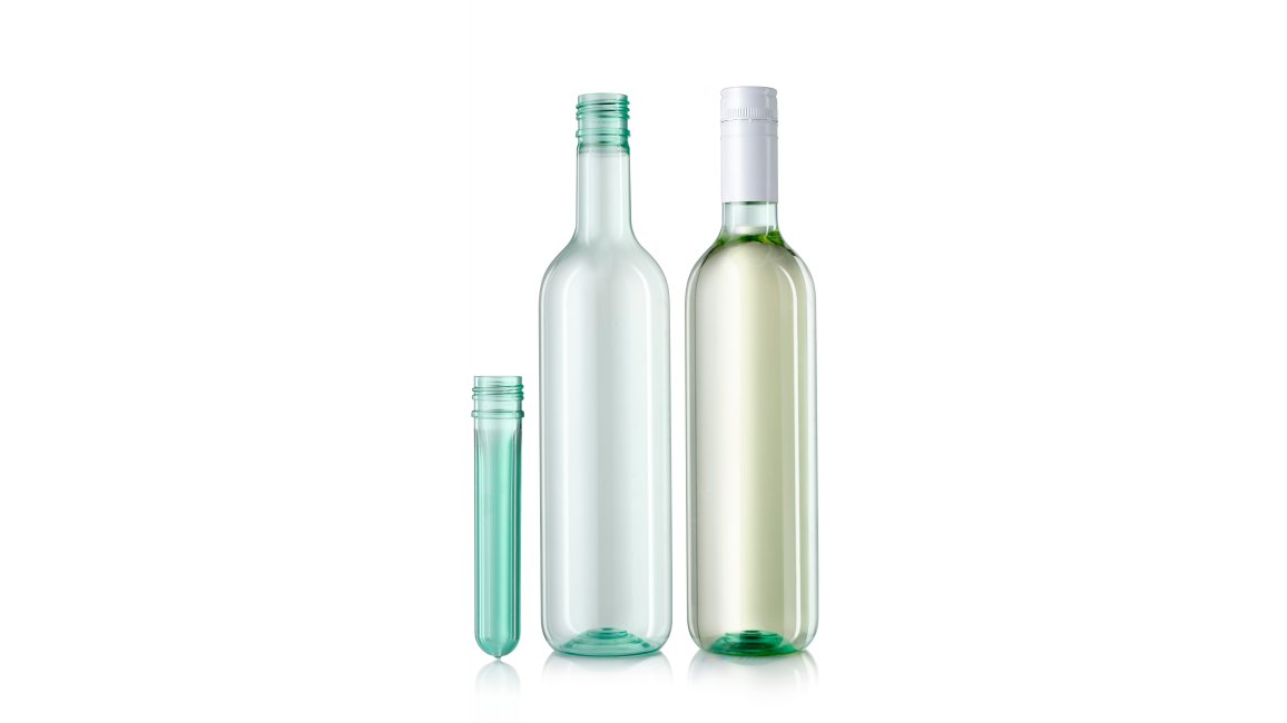 PET Wine bottle filled and unfilled from ALPLA with the preform