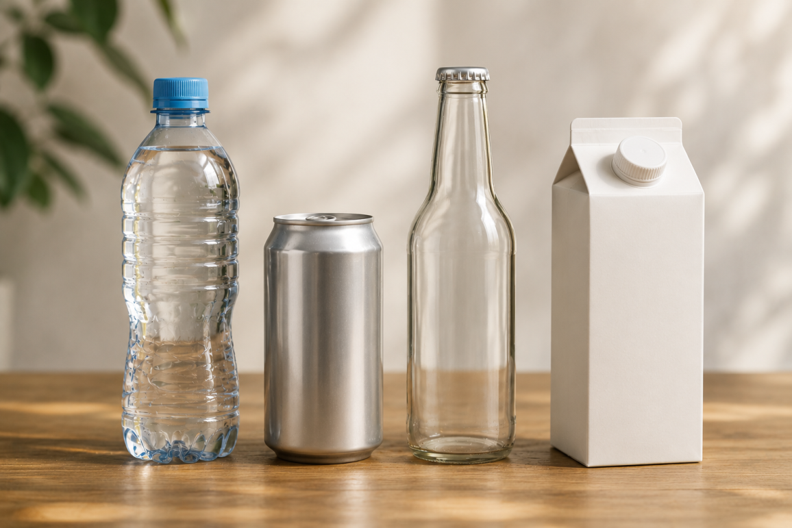 Plastic bottle, aluminum can, glass bottle, and carton on a wooden table.