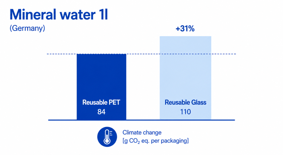 Bar chart comparing CO2 emissions: Reusable PET at 84 vs Reusable Glass at 110, +31% higher.