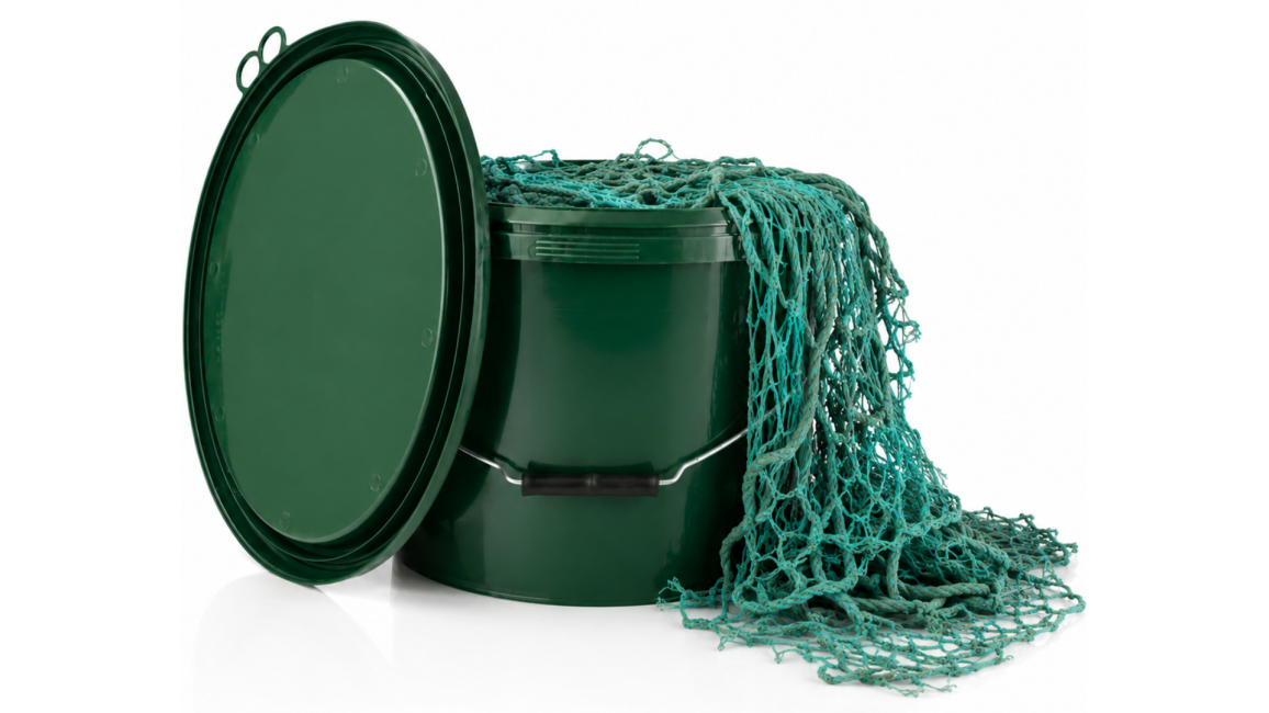 The picture shows a green bucket with a fishing net inside.