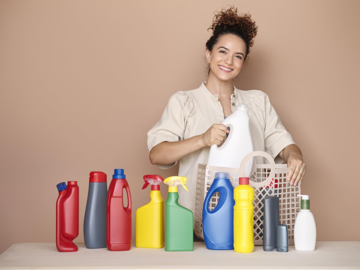 Woman with plastic packaging with recycled contend from ALPLA