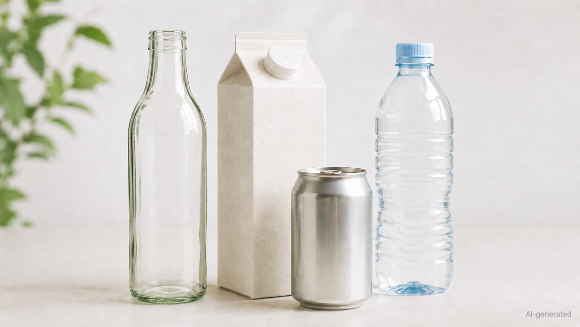 Glass bottle, carton, aluminum can, and plastic bottle displayed on a light surface.