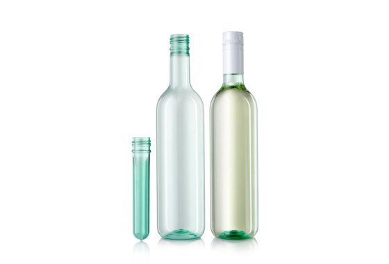 PET Wine bottle filled and unfilled from ALPLA with the preform