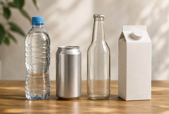 Plastic bottle, aluminum can, glass bottle, and carton on a wooden table.