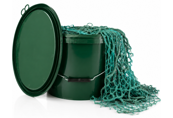Picture shows a green bucket with a fishing net inside.