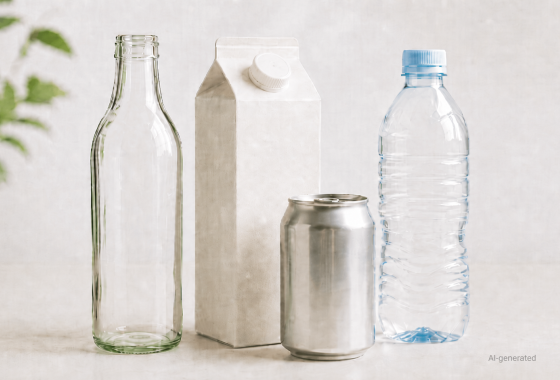 Eine Glasflasche, ein Karton, eine Aluminiumdose und eine Plastikflasche stehen nebeneinander.