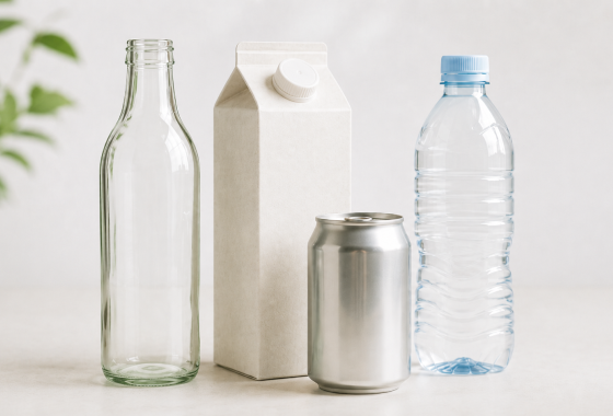 Glass bottle, carton, aluminum can, and plastic bottle on a light surface.