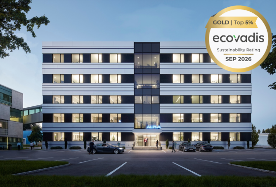 ALPLA headquarters building with EcoVadis Gold sustainability rating badge in the corner.